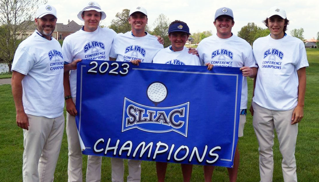 Webster men's golf team holding 2023 championship sign